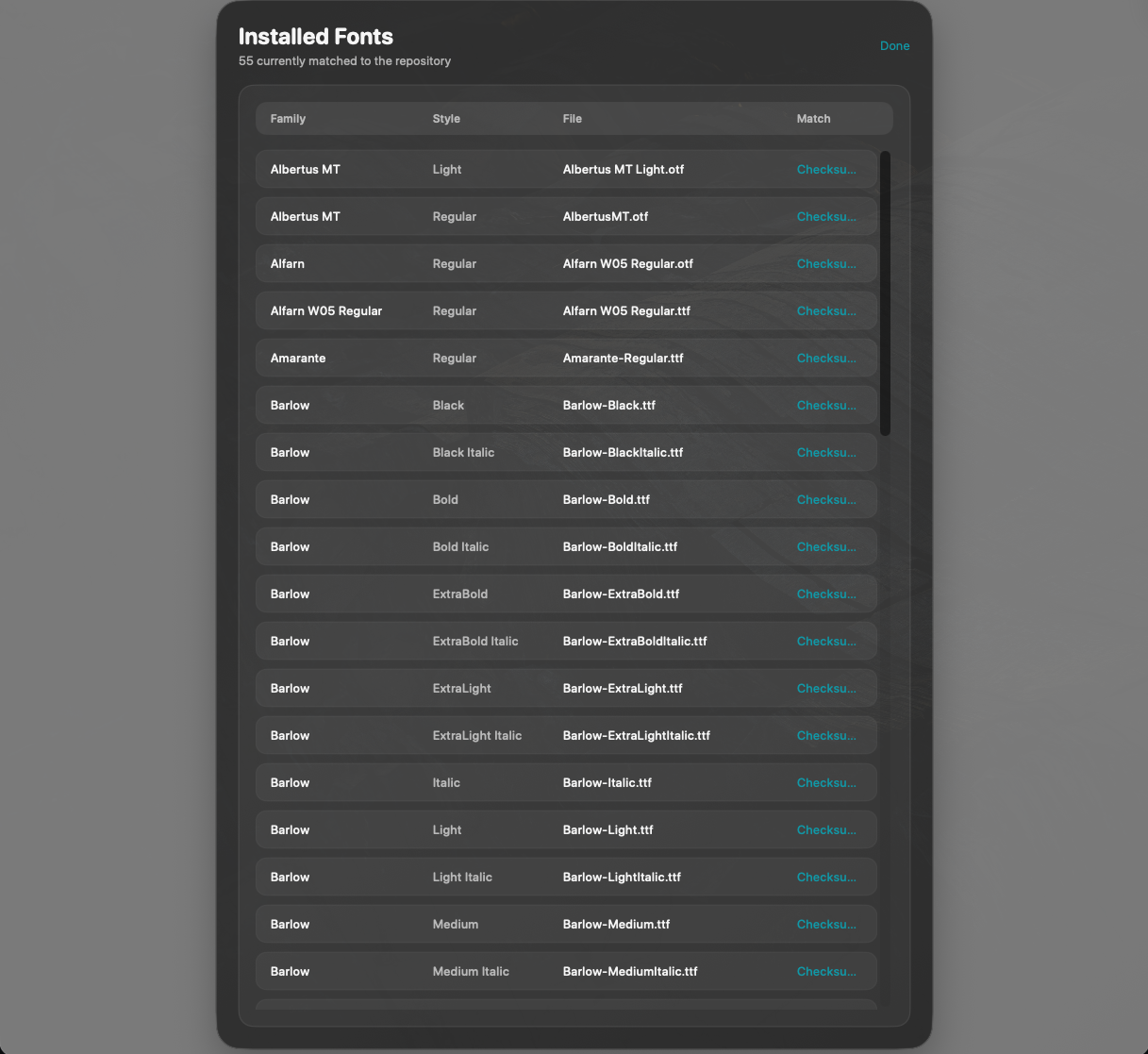 TeamFonts installed fonts screen listing fonts matched to the repository