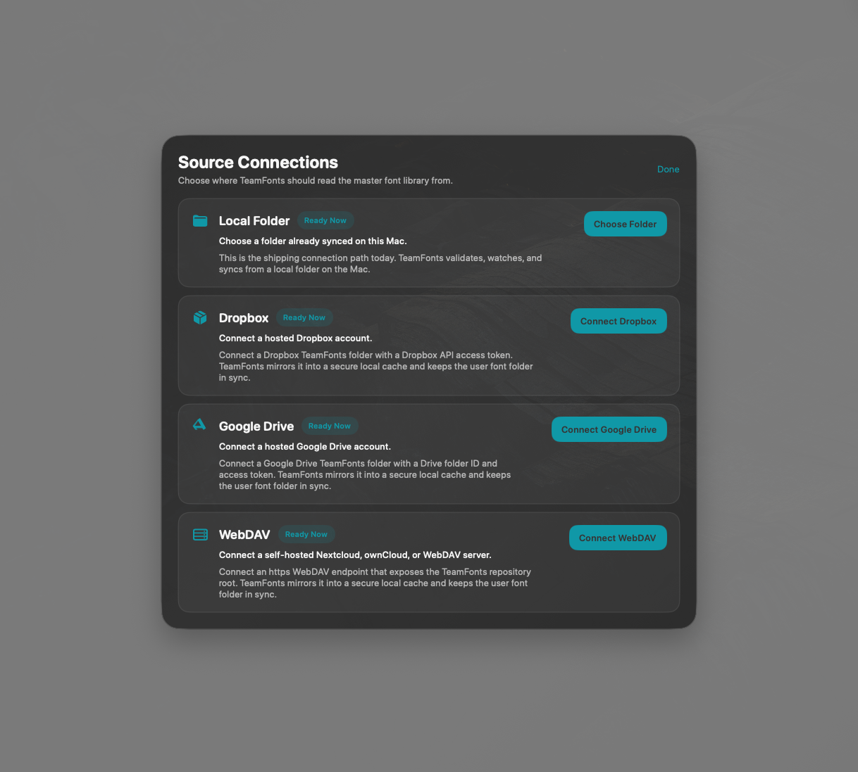 TeamFonts source connections screen showing local folder, Dropbox, Google Drive, and WebDAV options